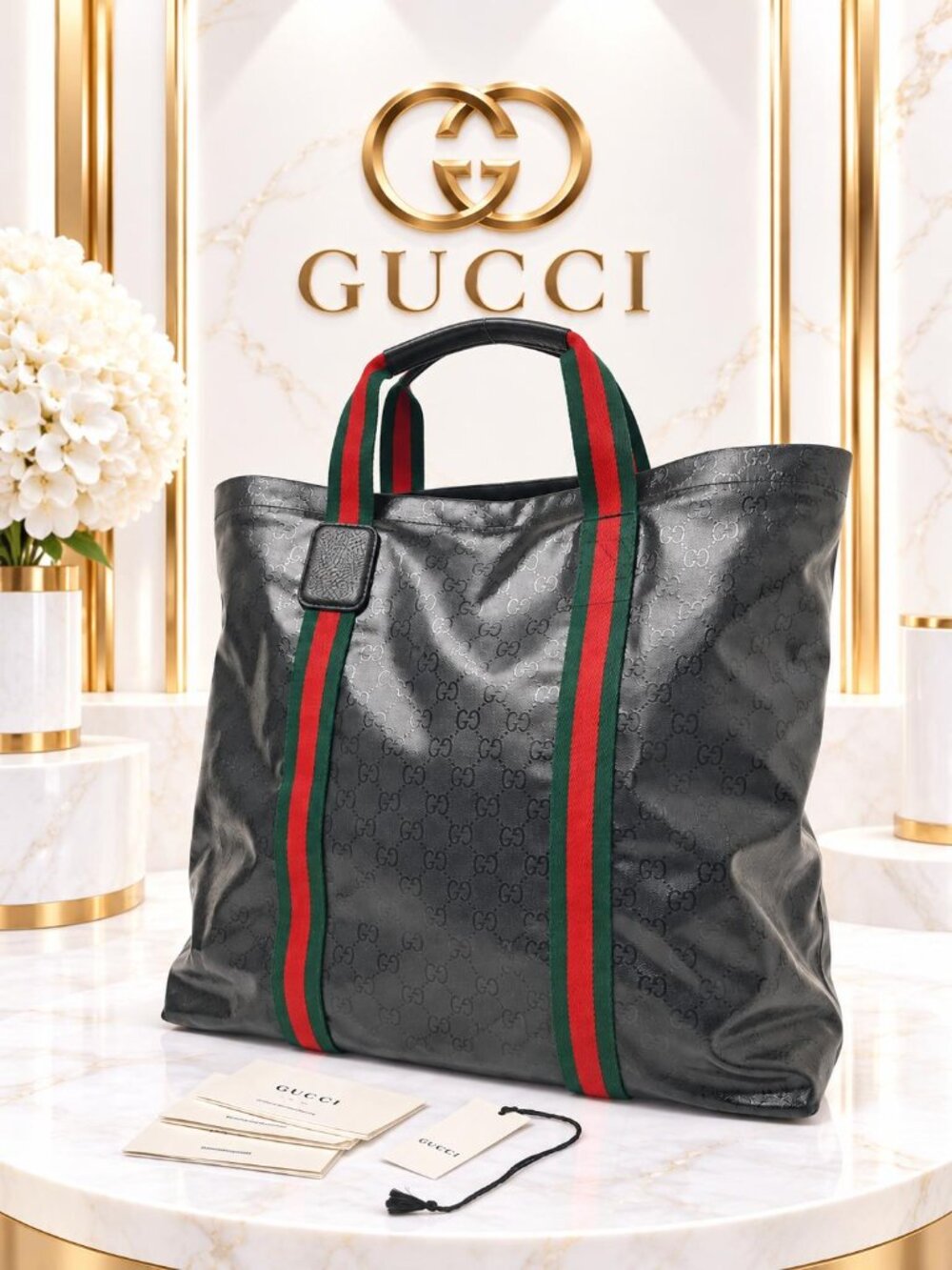 Authentic Gucci GG Imprime Web Stripe Large Tote Bag Black Red Green Vintage Lux